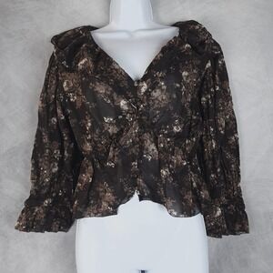 Gap Blouse Womens Medium Brown Floral Ruffle Collar Peplum Sheer Romantic